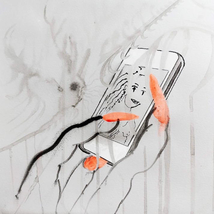 Pochette du vinyle méluSSSine, n°93, encre de chine sur papier aquarelle, 2026