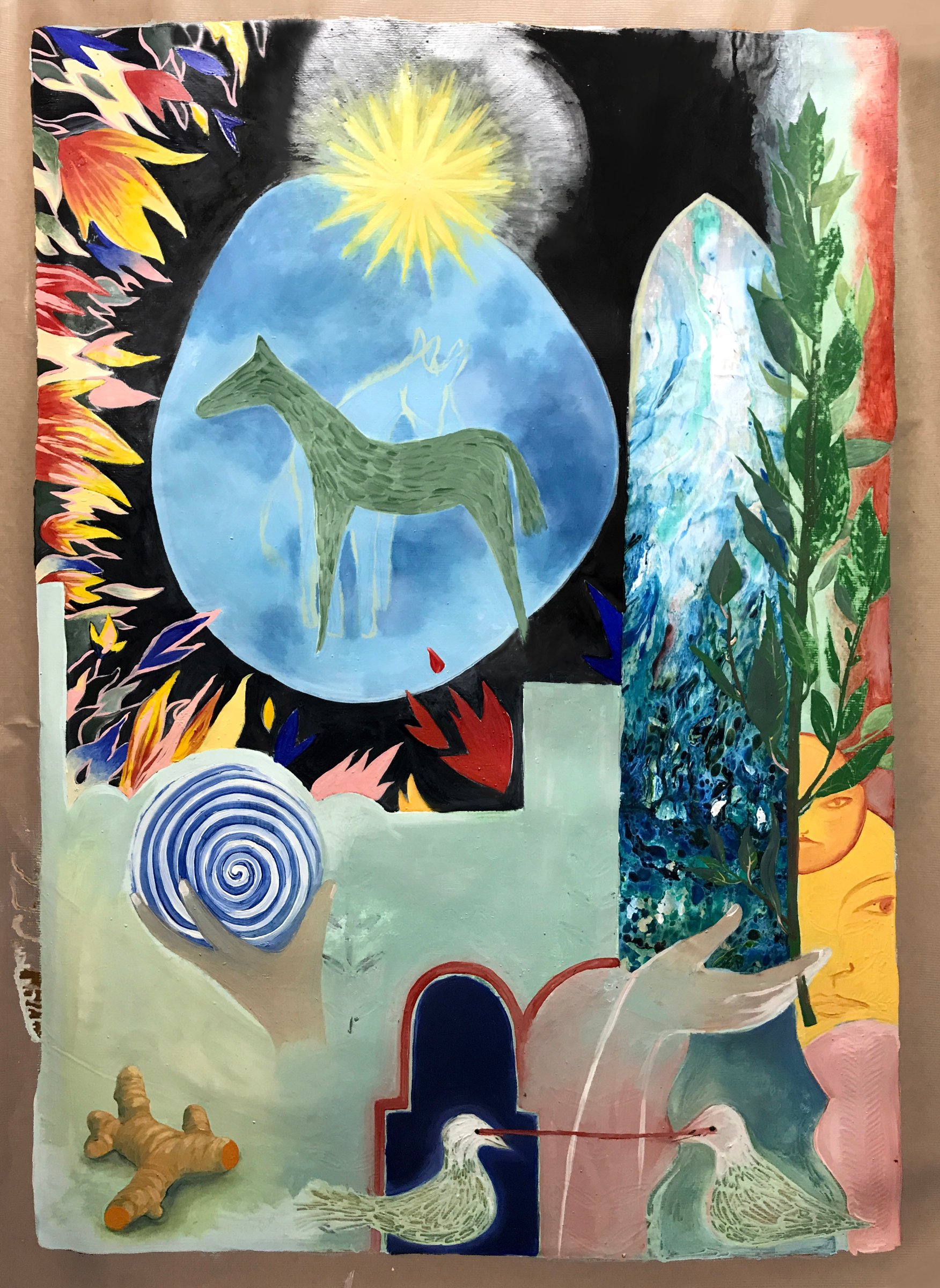 Peinture à l'huile de lin et pigments naturels, papier marbré sur Kraft, 90 x 60 cm Collection privée