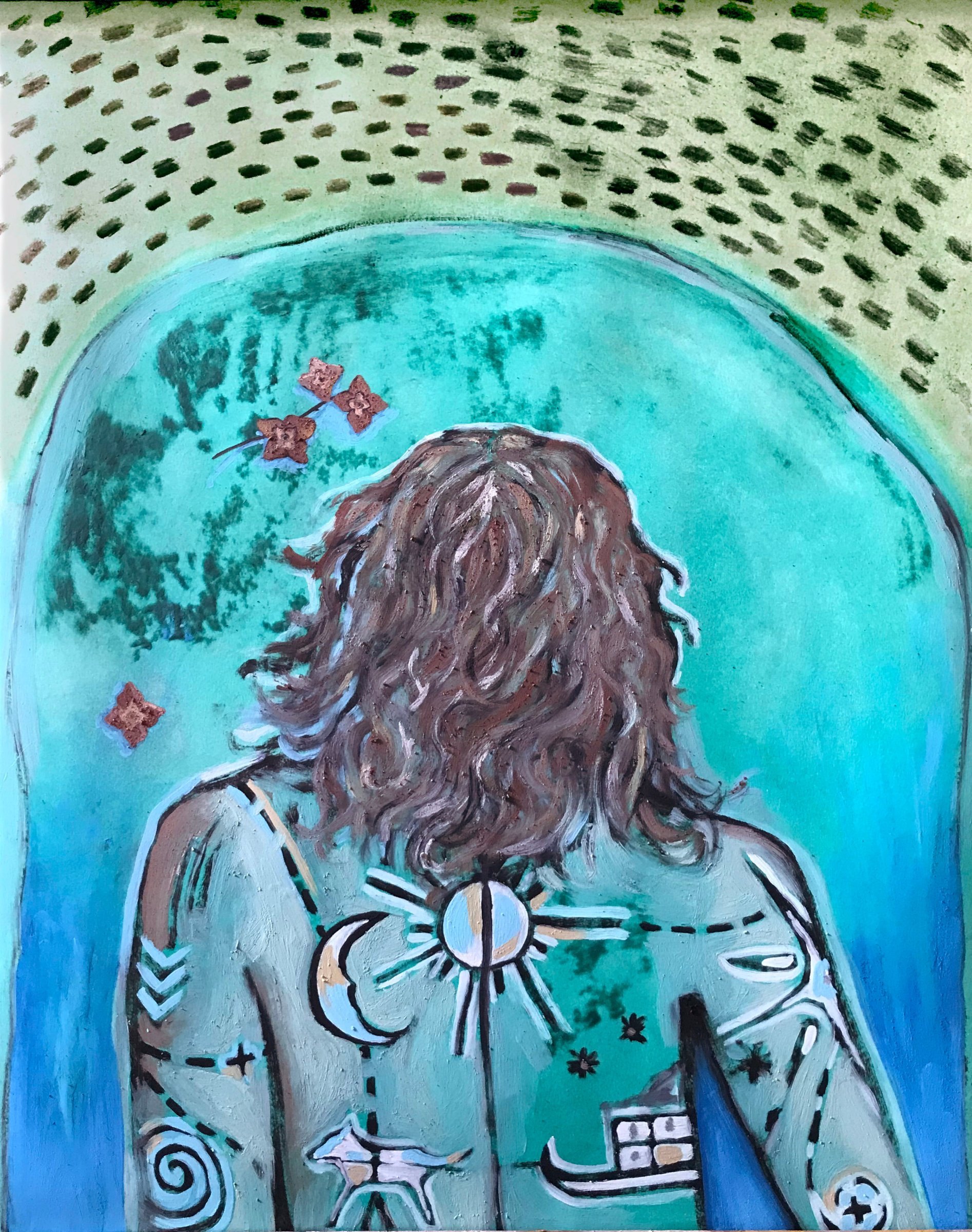 Peinture à l'huile de lin et pigments naturels, crayon de couleur, aquarelle et encre sur papier, 65 x 50 cm