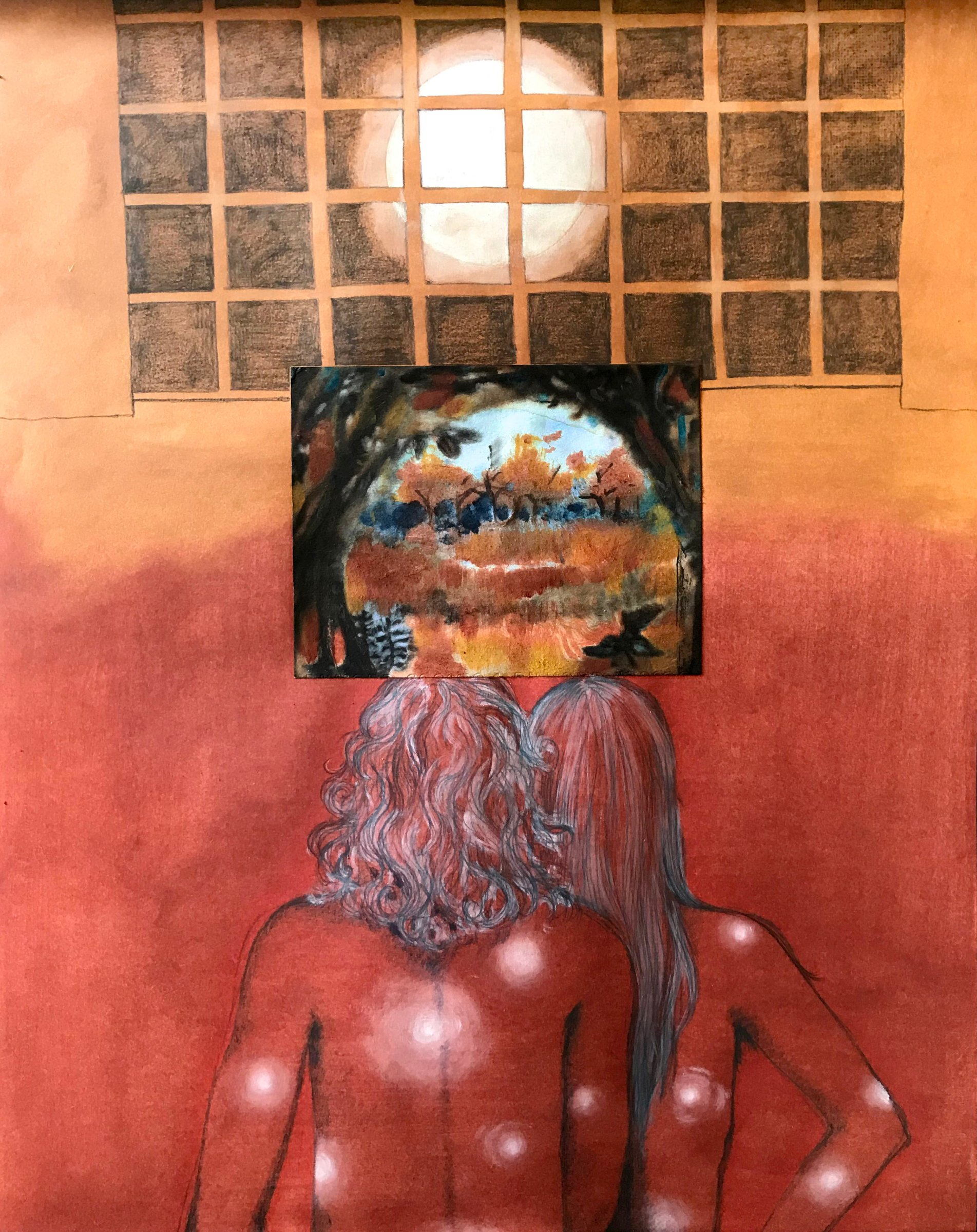 Peinture à l'huile de lin et pigments naturels, crayon de couleur, aquarelle et encre sur papier, 65 x 50 cm