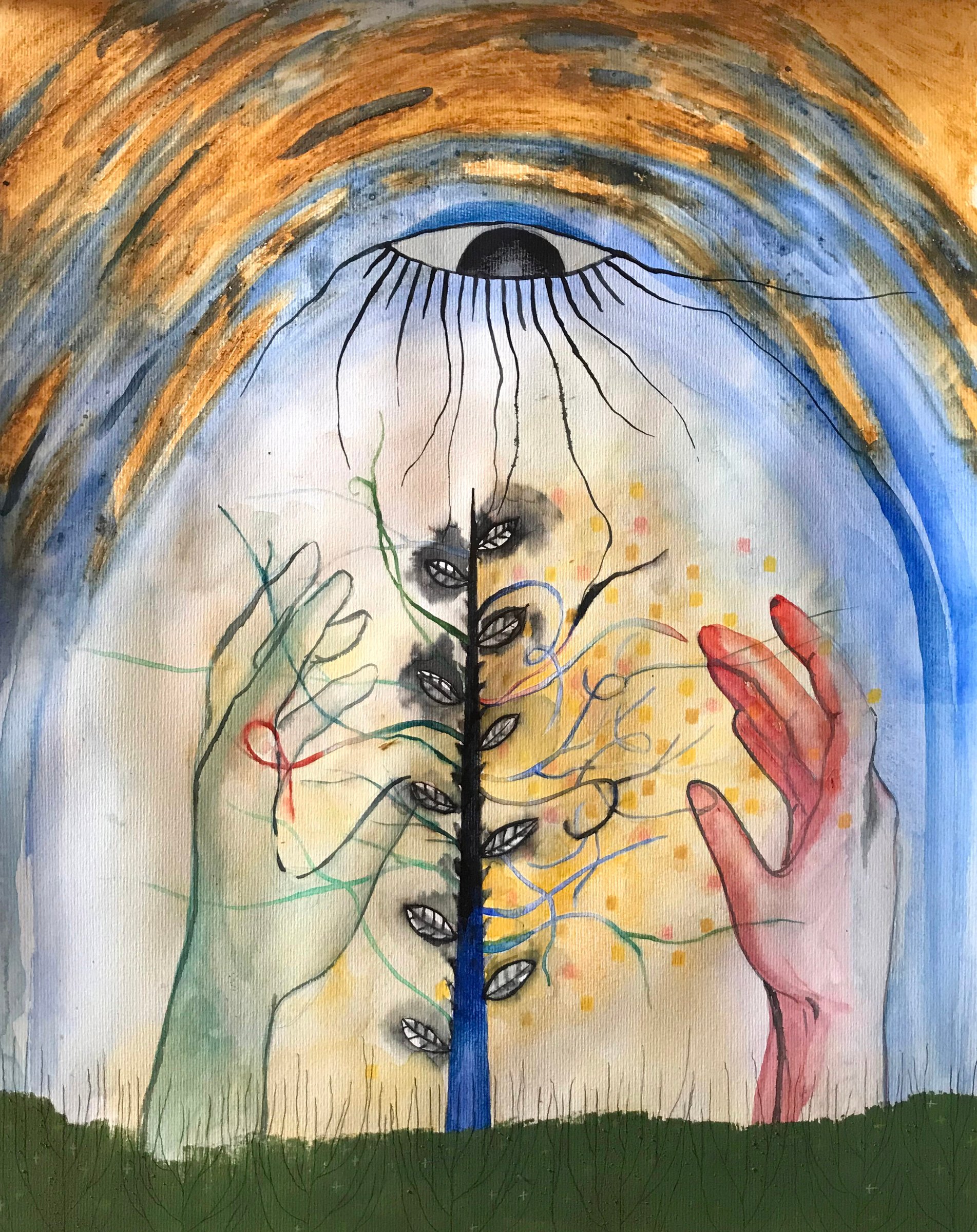 Peinture à l'huile de lin et pigments naturels, crayon de couleur, aquarelle et encre sur papier, 65 x 50 cm