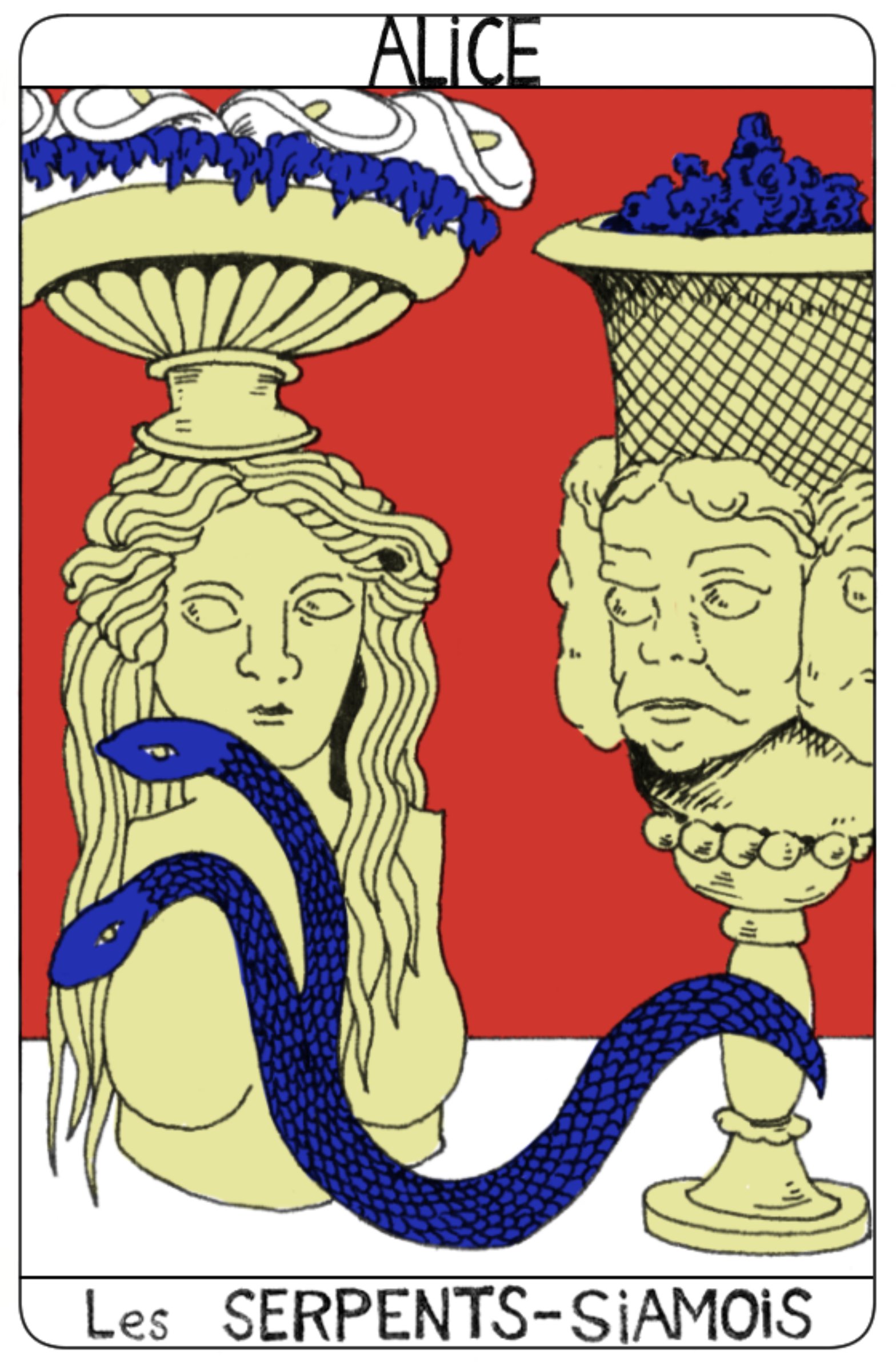 . Un étrange animal vient de faire son apparition au pied d'une série de sculptures alignées à visages humains. C'est un serpent à deux têtes qui entretient deux conversations. Il va s'adresser à une autre personne en plus de vous. . Votre esprit devra réfléchir à plusieurs possibilités pour parvenir a trouver une entente commune avec un second être. Ce pourra être quelqu'un de votre famille ou de votre entourage avec lequel vous partagerez une histoire commune ou de forte accointance, qui vous obligera à penser une situation différemment de votre perception. Il n'est pas dit si cela amènera un dénouement heureux, une solution pour vivre avec ou une possibilité nouvelle mais la rencontre provoquera une pensée inconnue.