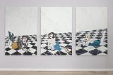 De gauche à droite : Lazy lady (fourmi), 2018 Peinture et pastel à l'huile sur toile, 110 x 170 cm Lazy lady (panthère), 2019 Peinture et pastel à l'huile sur toile, 110 x 170 cm Lazy lady (escargot), 2019 Peinture et pastel à l'huile sur toile, 110 x 170 cm